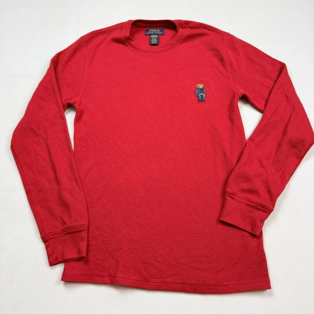 Polo Ralph Lauren‎ Mens Small Red Waffle Knit Polo Bear Thermal Sleepwear Shirt
